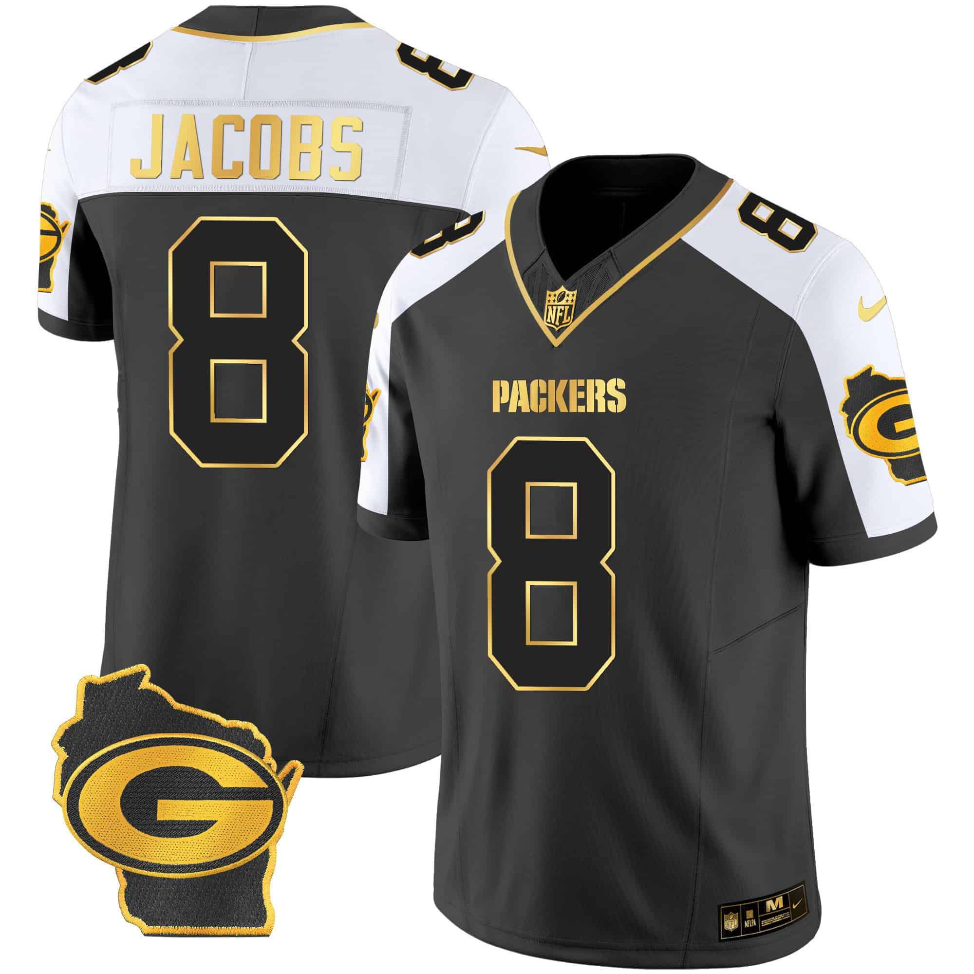Men Green Bay Packers #8 Jacobs Black Gold 2024 Nike Home Patch Vapor NFL Jersey->customized nfl jersey->Custom Jersey